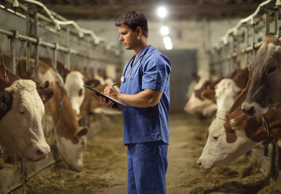 Veterinarian checking on cows